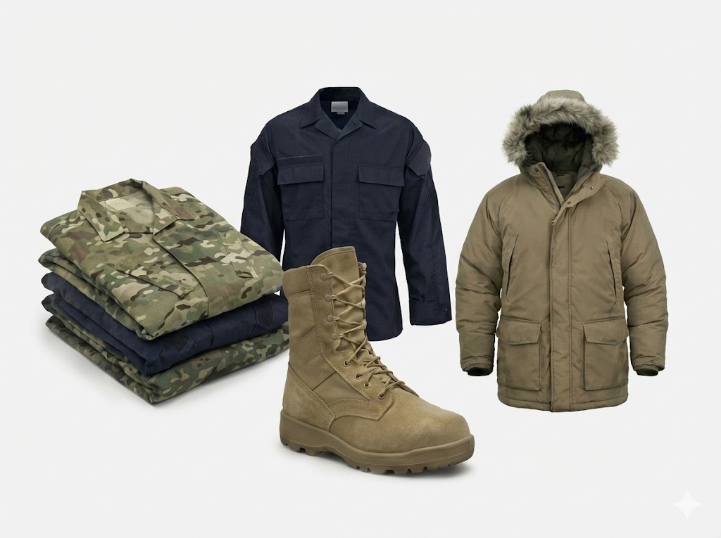 Military uniforms, tactical apparel, and security equipment for field operations