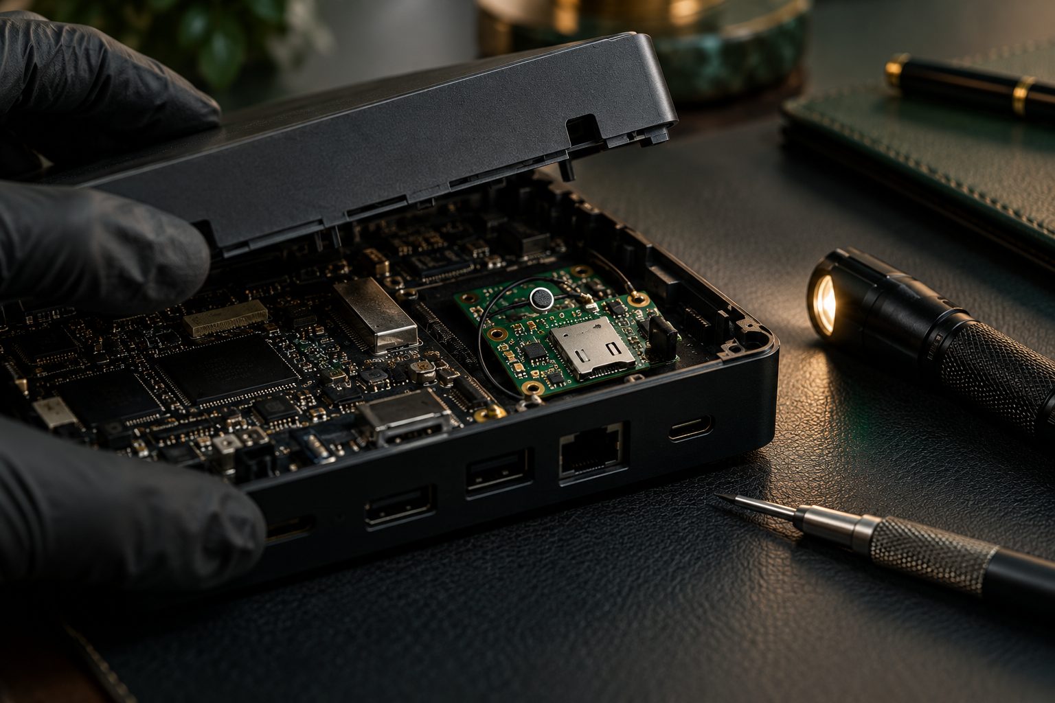 Gloved hands opening a laptop docking station to reveal a hidden microphone and SIM module