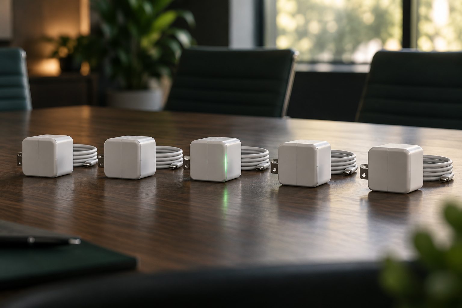Row of identical white USB chargers on a meeting table, one with a faint green glow