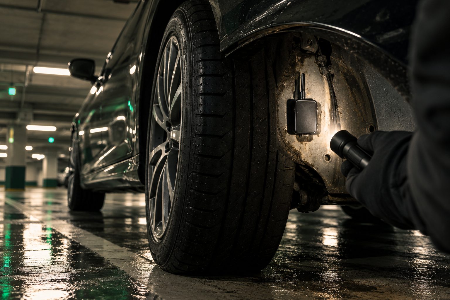 Torch revealing a magnetic GPS tracker hidden inside a car wheel arch in an underground car park
