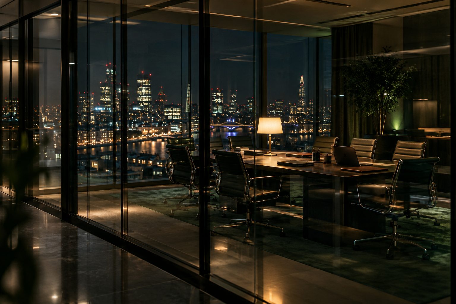 Glass-walled boardroom at night overlooking a city skyline, seen from the corridor