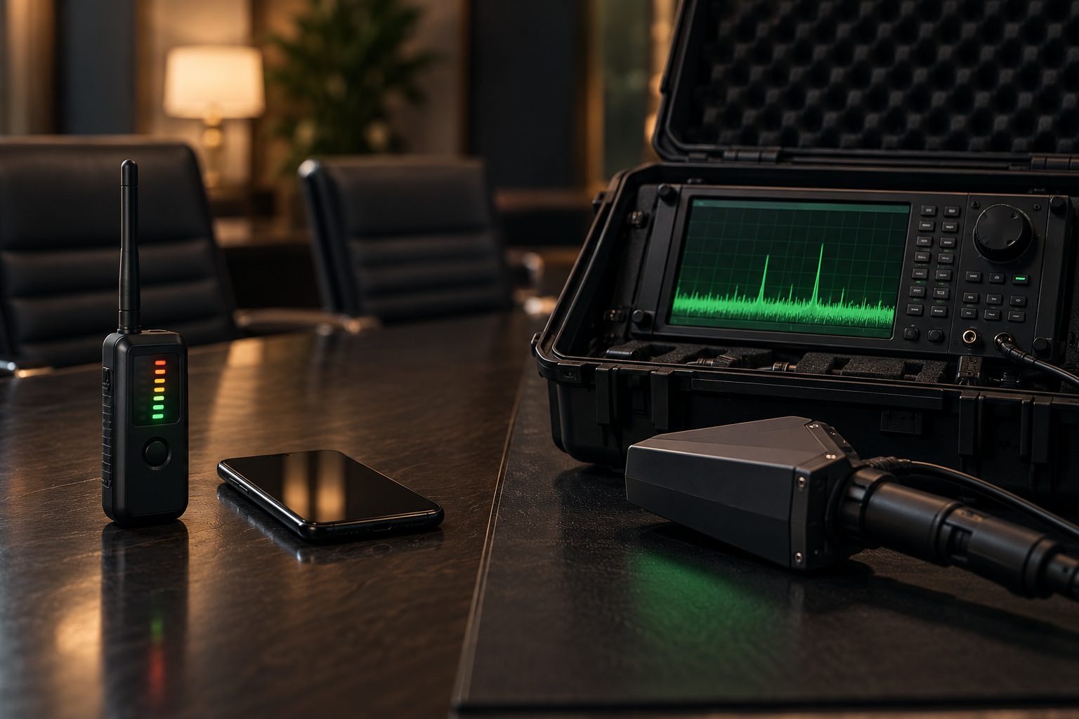 Consumer RF bug detector next to professional TSCM spectrum analyser and NLJD equipment