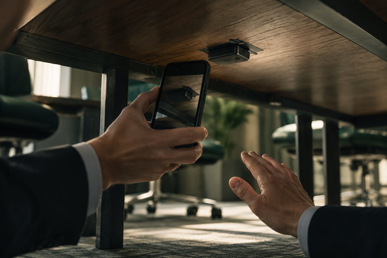 Hand photographing a listening device under a conference table without touching it