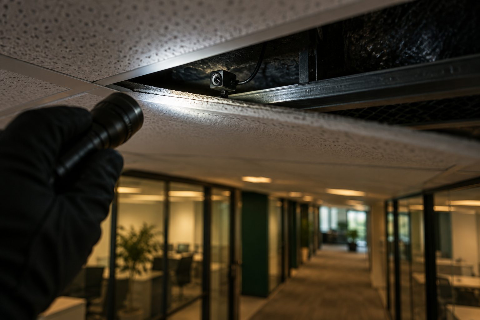 Lifted office ceiling tile revealing a hidden pinhole camera in the ceiling void