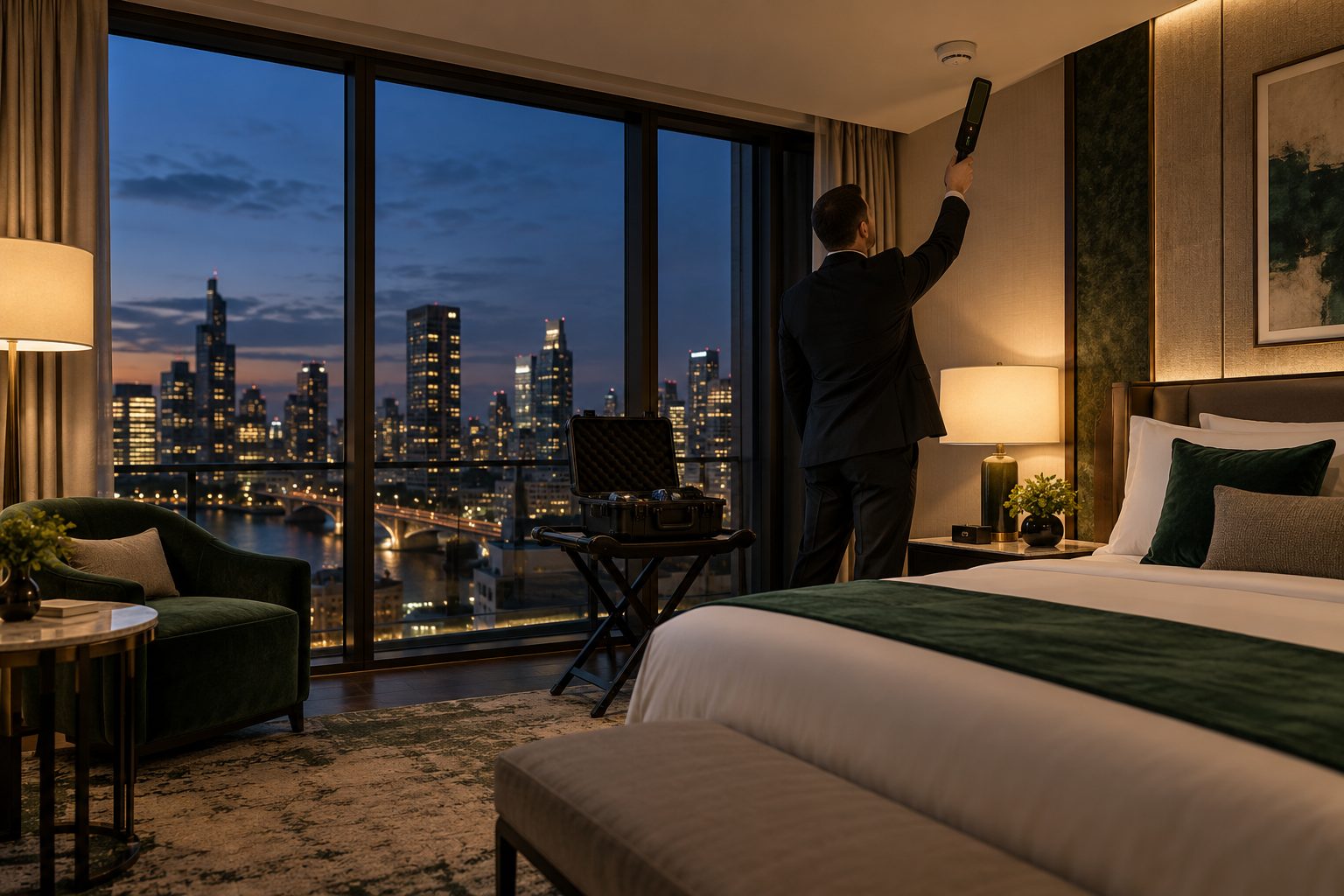 Security specialist sweeping a luxury hotel suite at dusk with a detection wand