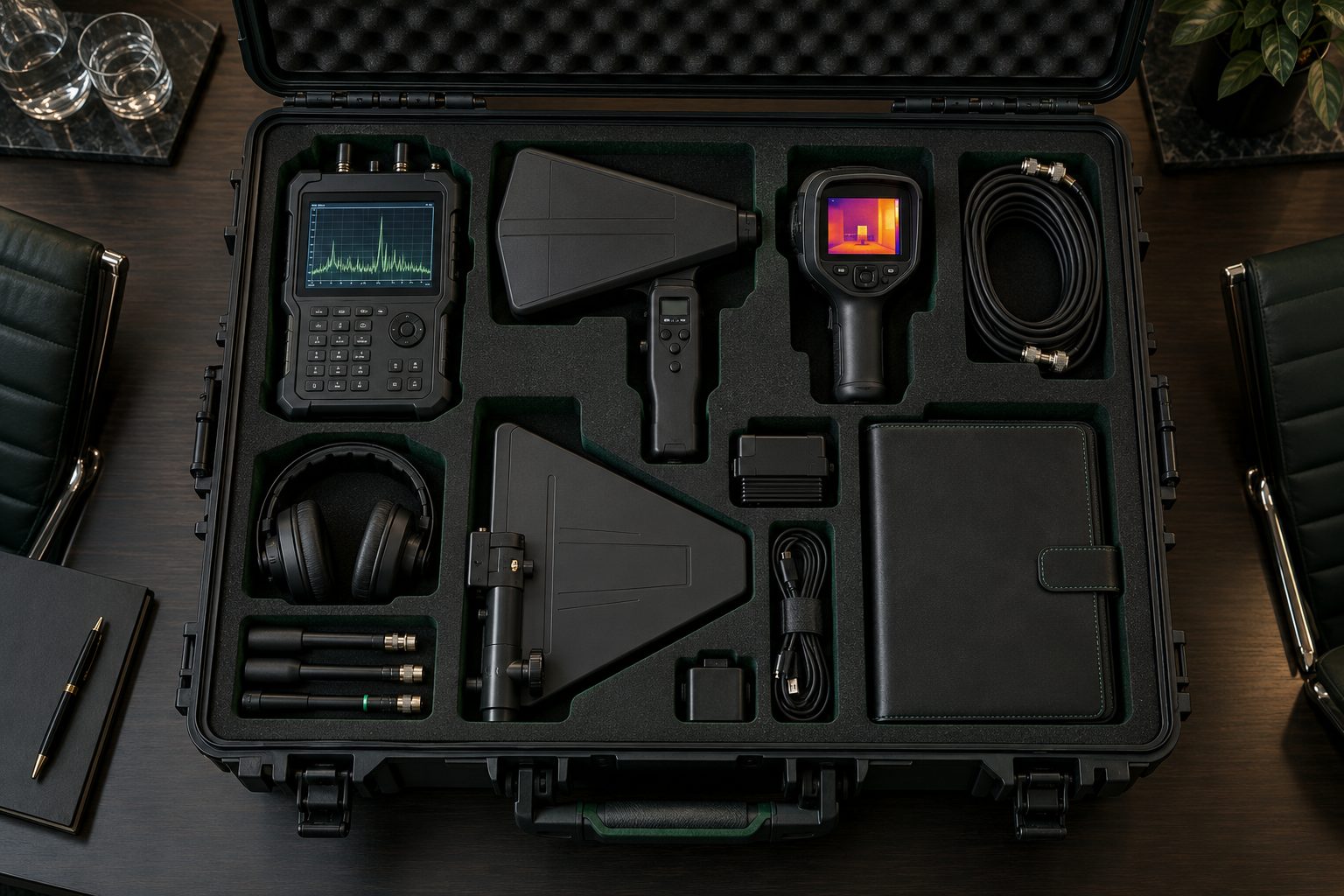 Professional TSCM equipment case with spectrum analyser, antennas and thermal camera