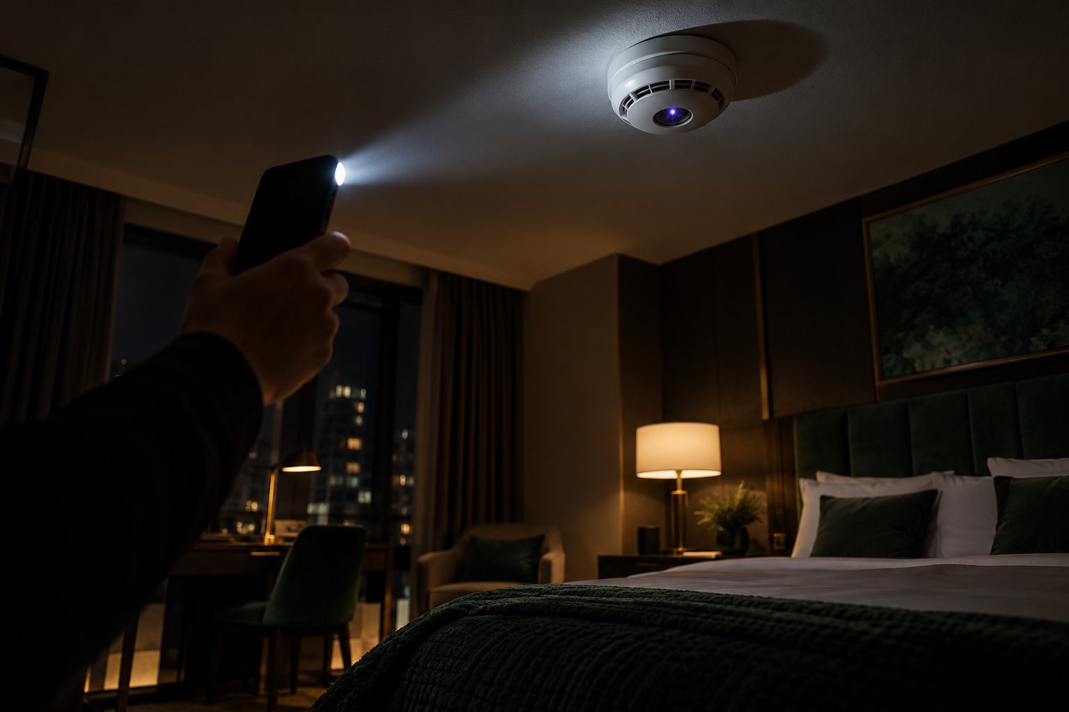 Phone torch revealing the reflection of a hidden camera lens in a hotel room smoke detector