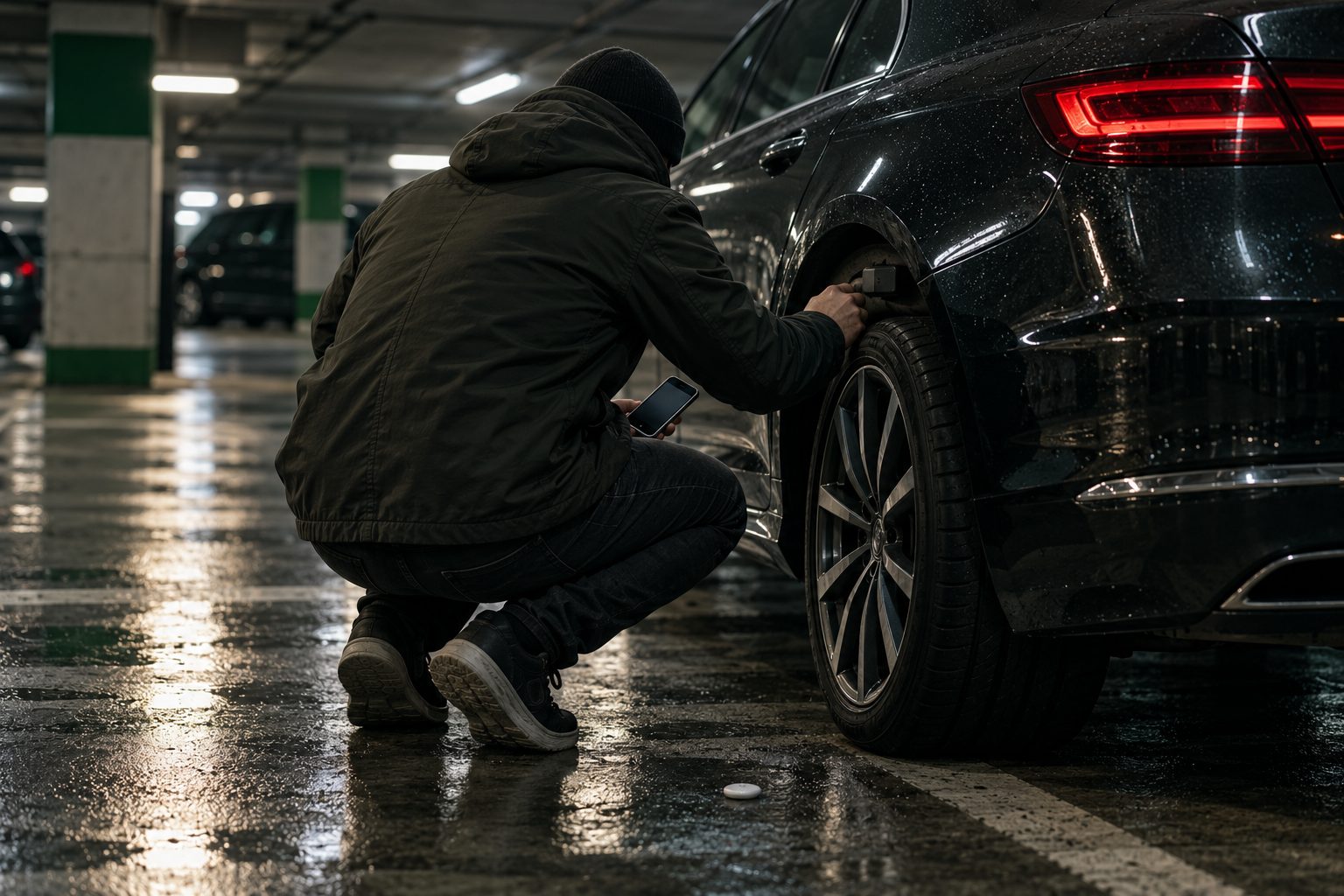 Person checking a car wheel arch for a magnetic GPS tracker, with a Bluetooth tag nearby