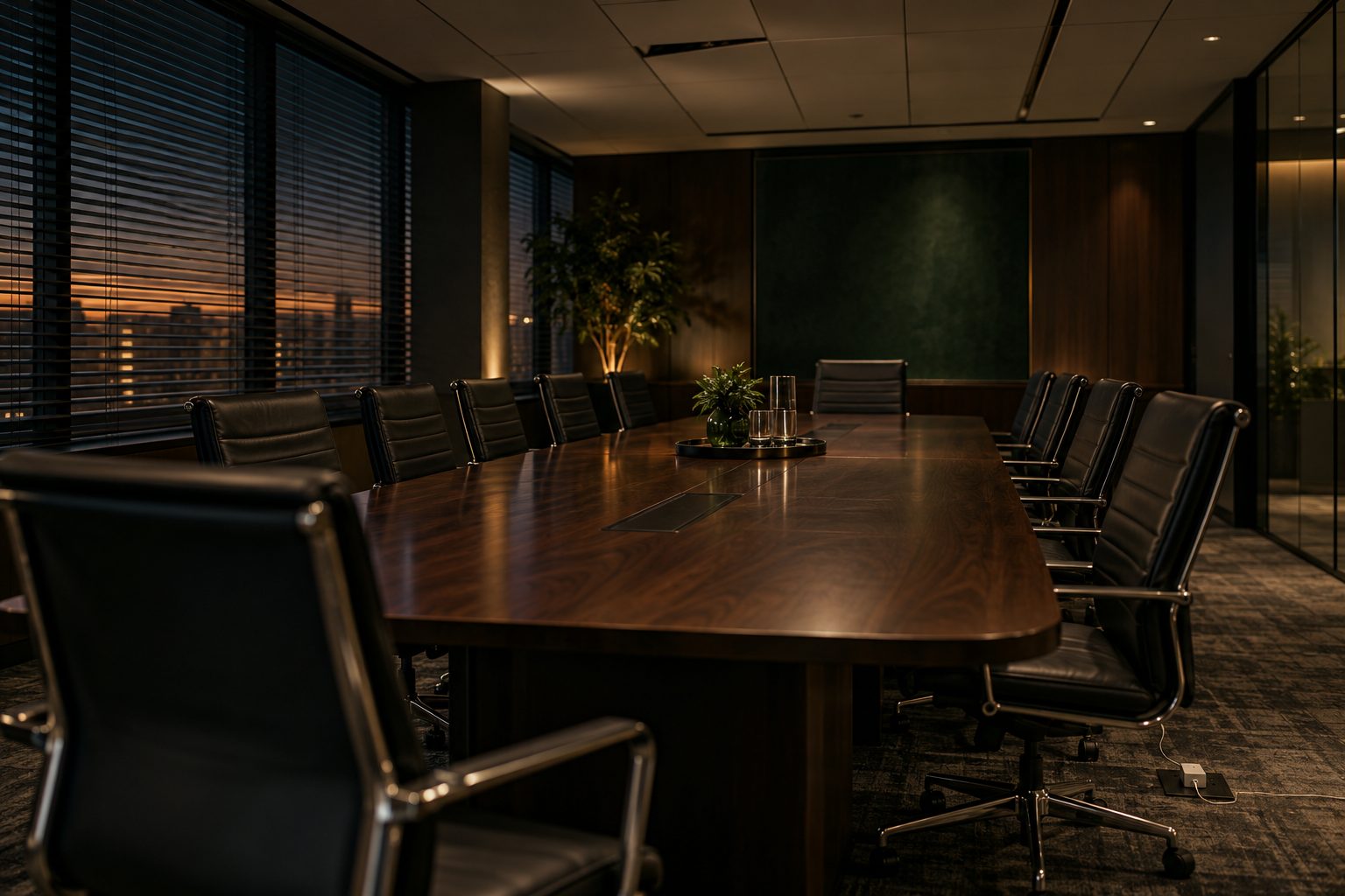 Empty executive boardroom after hours with closed blinds and a ceiling tile slightly out of place