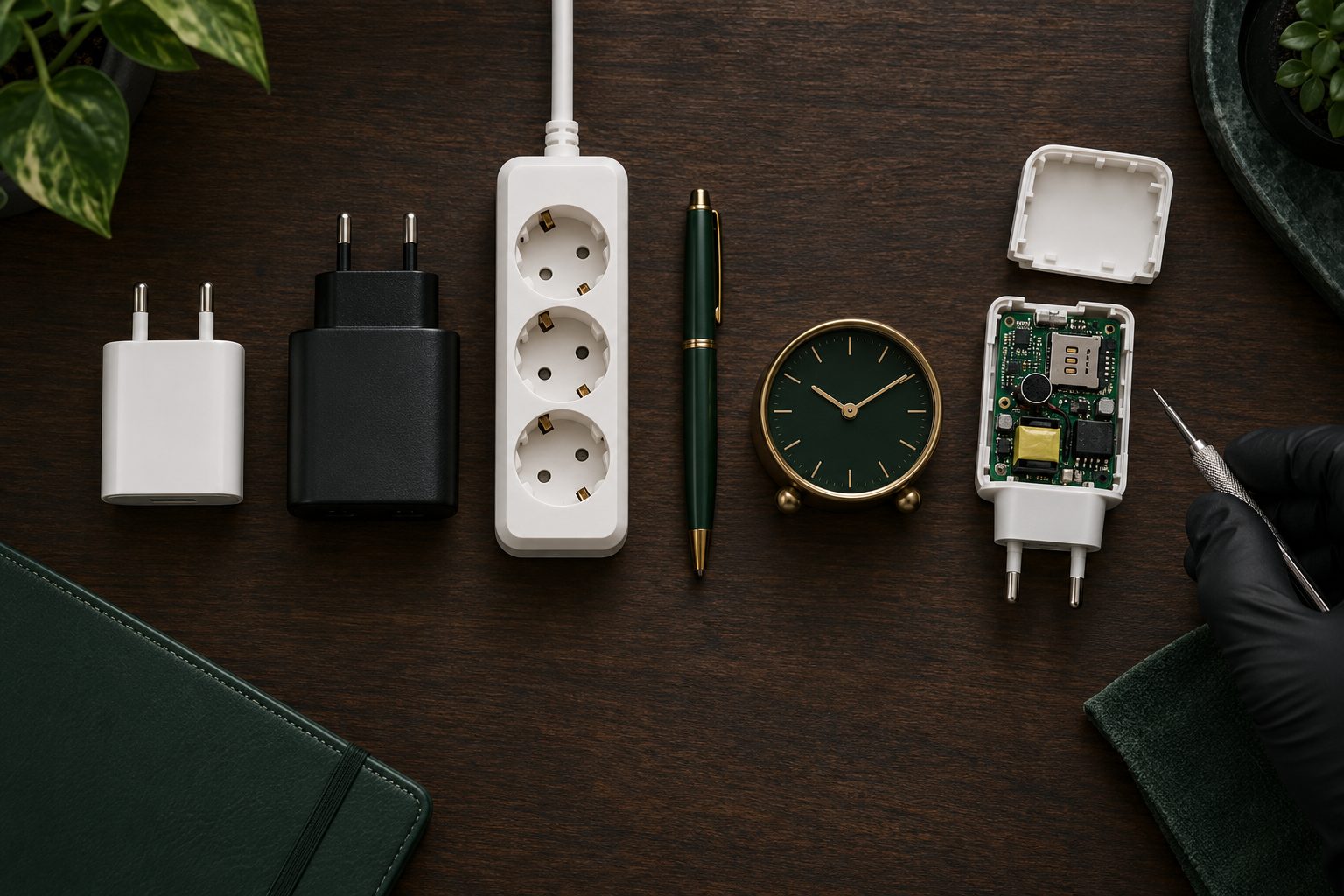 Everyday chargers and adapters on a desk, one opened to reveal a hidden microphone and SIM module