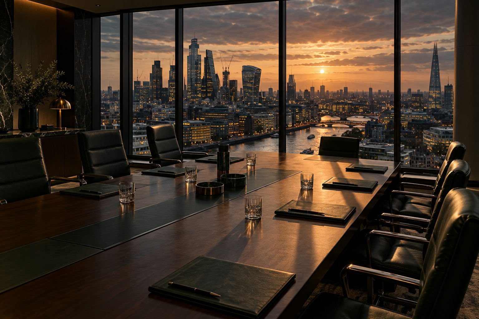 Empty London boardroom at dusk with the city skyline beyond the windows