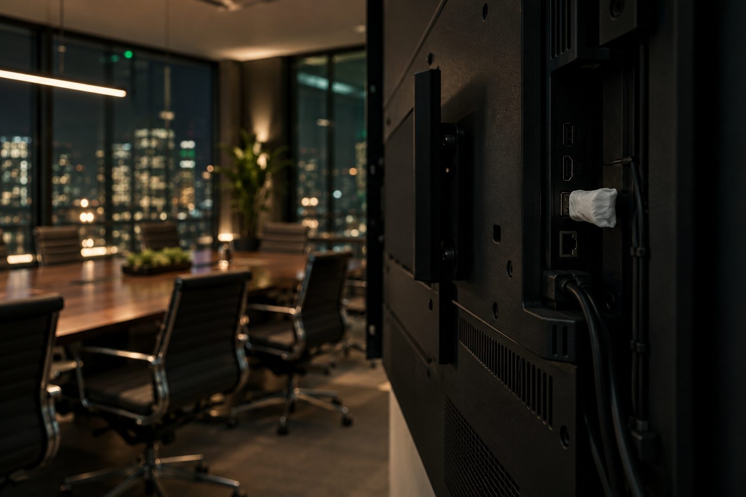 USB port on the back of a conference-room TV with a small concealed device plugged in
