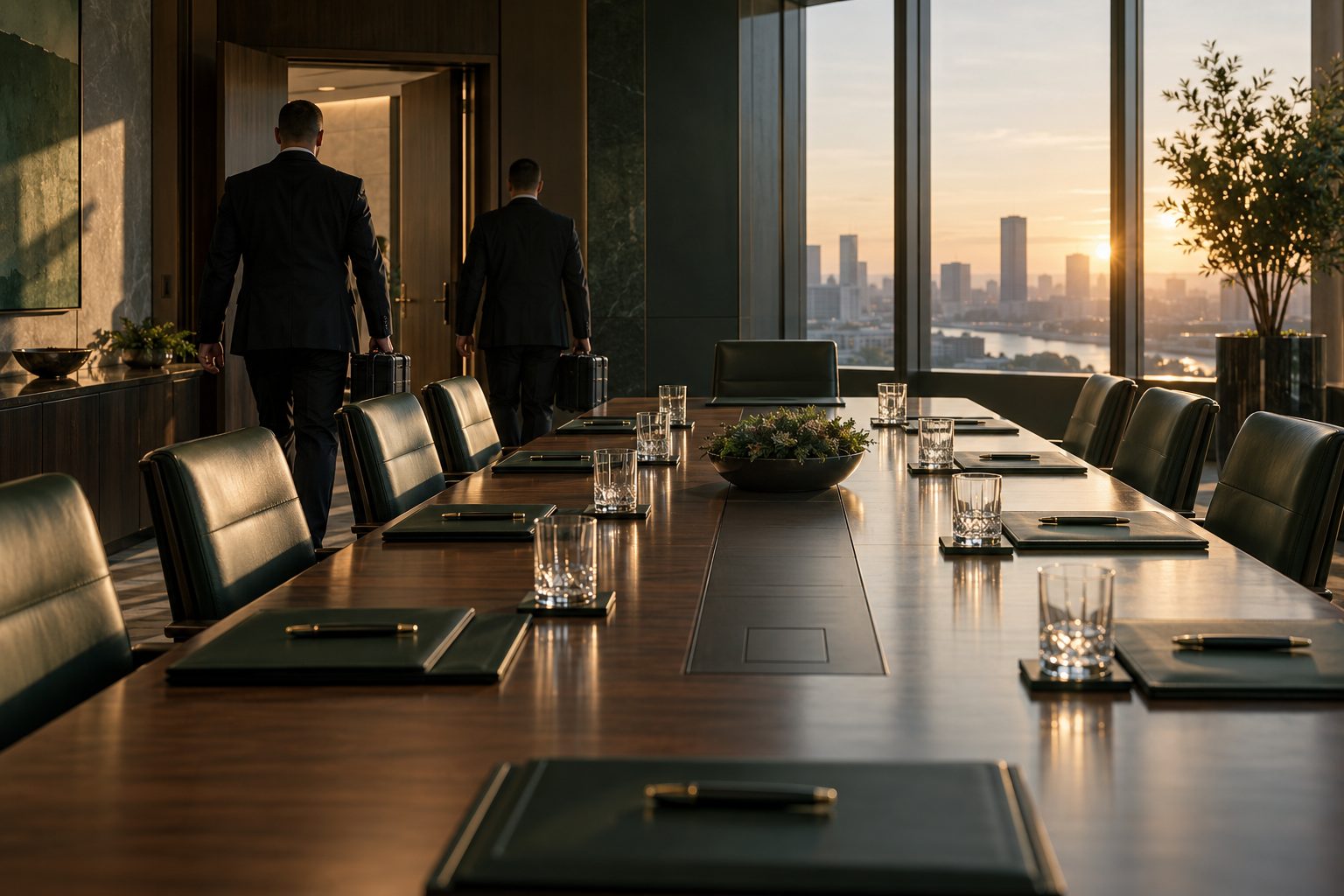 Two security specialists carrying equipment cases into a prepared boardroom at sunrise