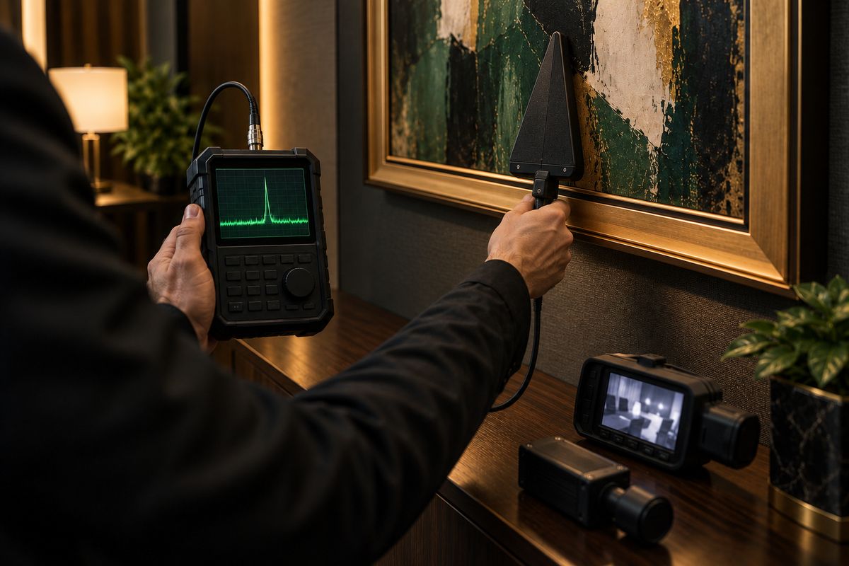 TSCM specialist using a spectrum analyser and directional antenna, with a thermal camera nearby