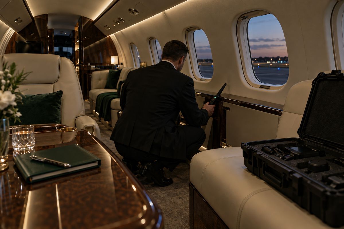 Specialist sweeping a private jet cabin before departure