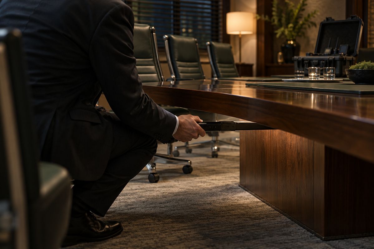 TSCM specialist sweeping under a boardroom table with a detection wand