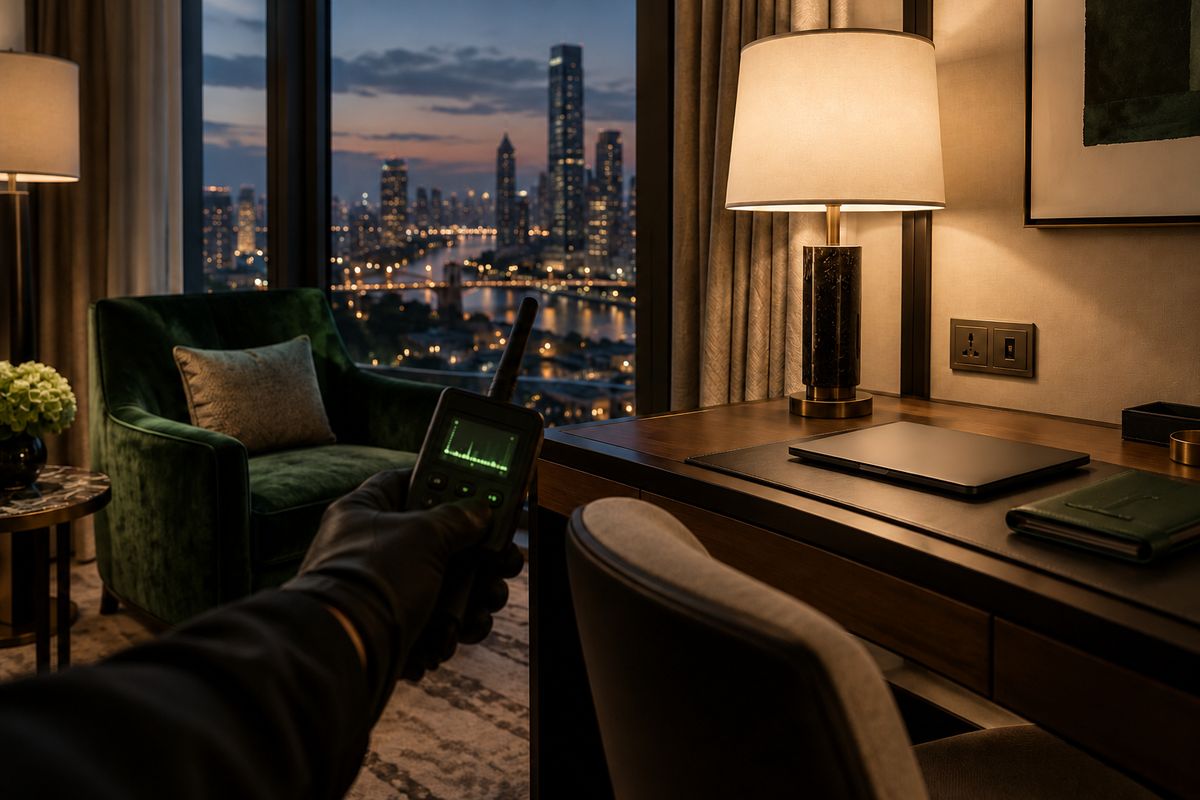 Handheld RF detector used in a hotel suite at dusk