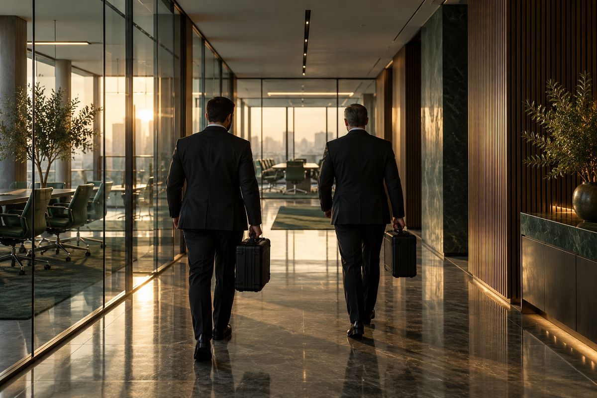 Two TSCM specialists carrying equipment cases along an executive floor