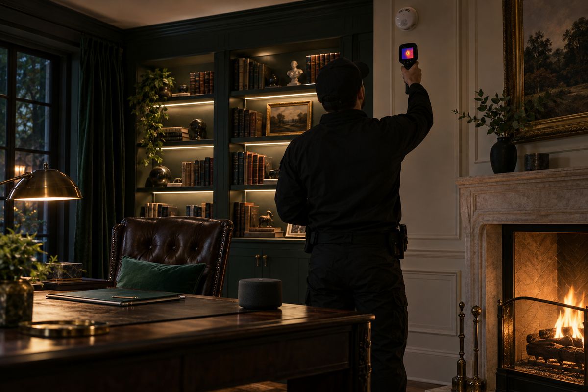 Specialist checking a smoke detector in a private study with a thermal camera