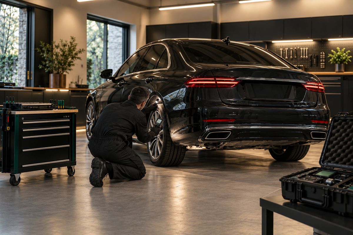 Technician inspecting a car wheel arch for a GPS tracker in a private garage