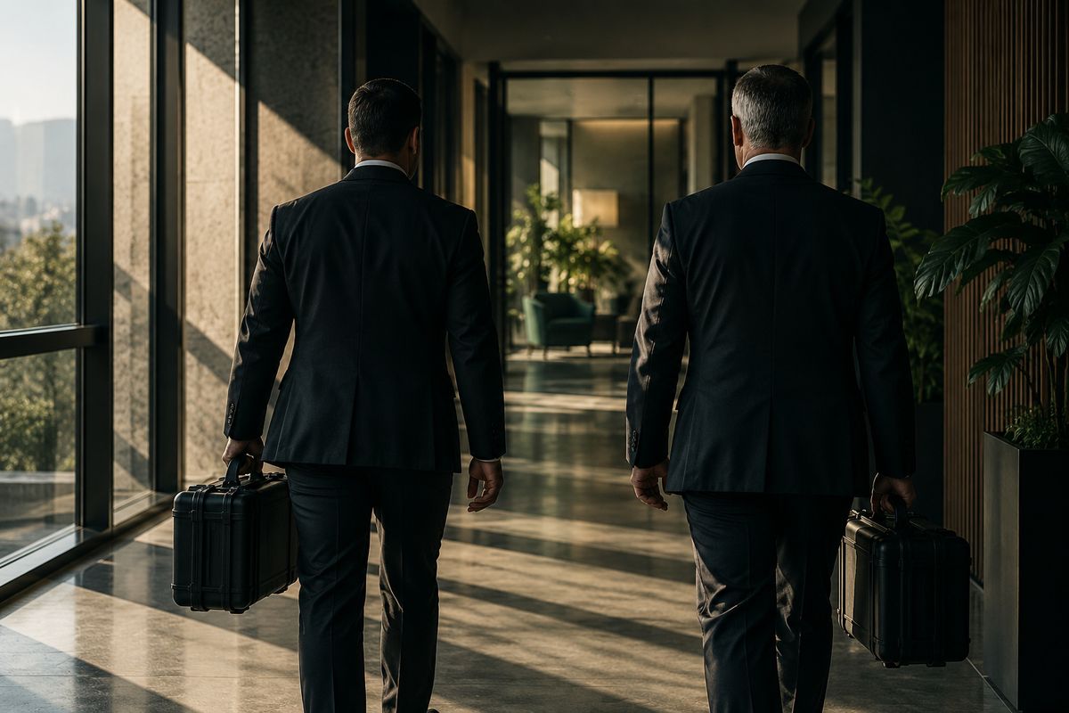 Two TSCM operators with equipment cases in an office corridor